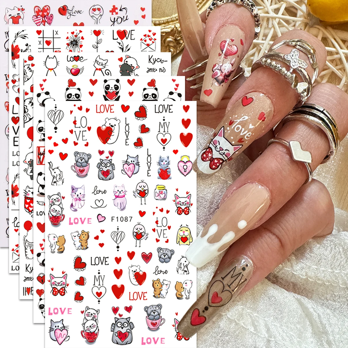 5 Stück Valentinstag Cartoon Tier Liebe Nail Art Aufkleber, Kunstaufkleber, einfach aufzutragende Nageldekoration, DIY, Geschenk, Hochzeit Image