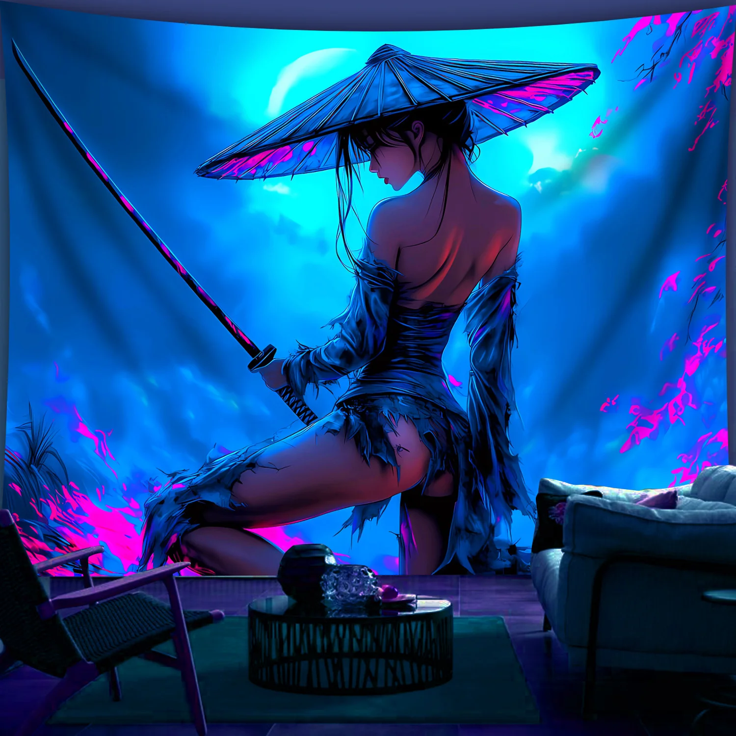 VIKAMA Neon Warrior Girl Wandteppich im Cyberpunk-Stil, dekoratives Wandtuch für Schlafzimmer, Gaming-Raum, Atmosphäre, Hängetuch Image