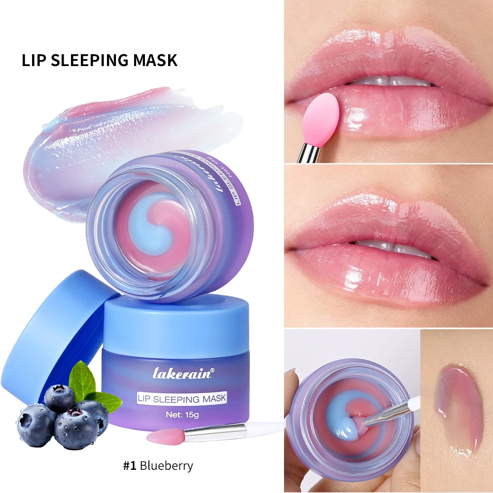 Blaubeer-Lippenschlafmaske über Nacht, zweifarbige Feuchtigkeit für trockene, rissige Haut, reduziert feine Linien, feuchtigkeitsspendend, nährt die Lippenpflege Image