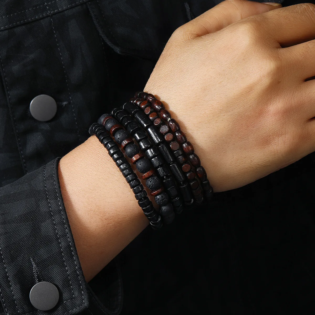 Männer Retro Multi-schicht Elastische Schnur Holz Perlen Handgemachte Sets Handgemachte Armband Schmuck Für Männer Image