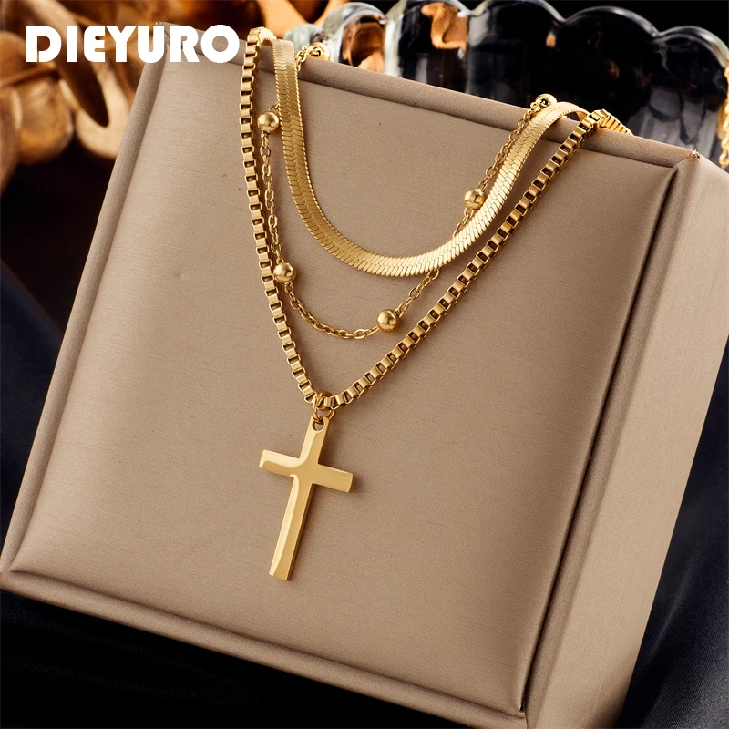 DIEYURO 316L Edelstahl Gold Farbe Kreuz Anhänger Halskette Für Frauen Neue Trend Mädchen 3in1 Kette Rostfrei Schmuck Party Geschenk Image