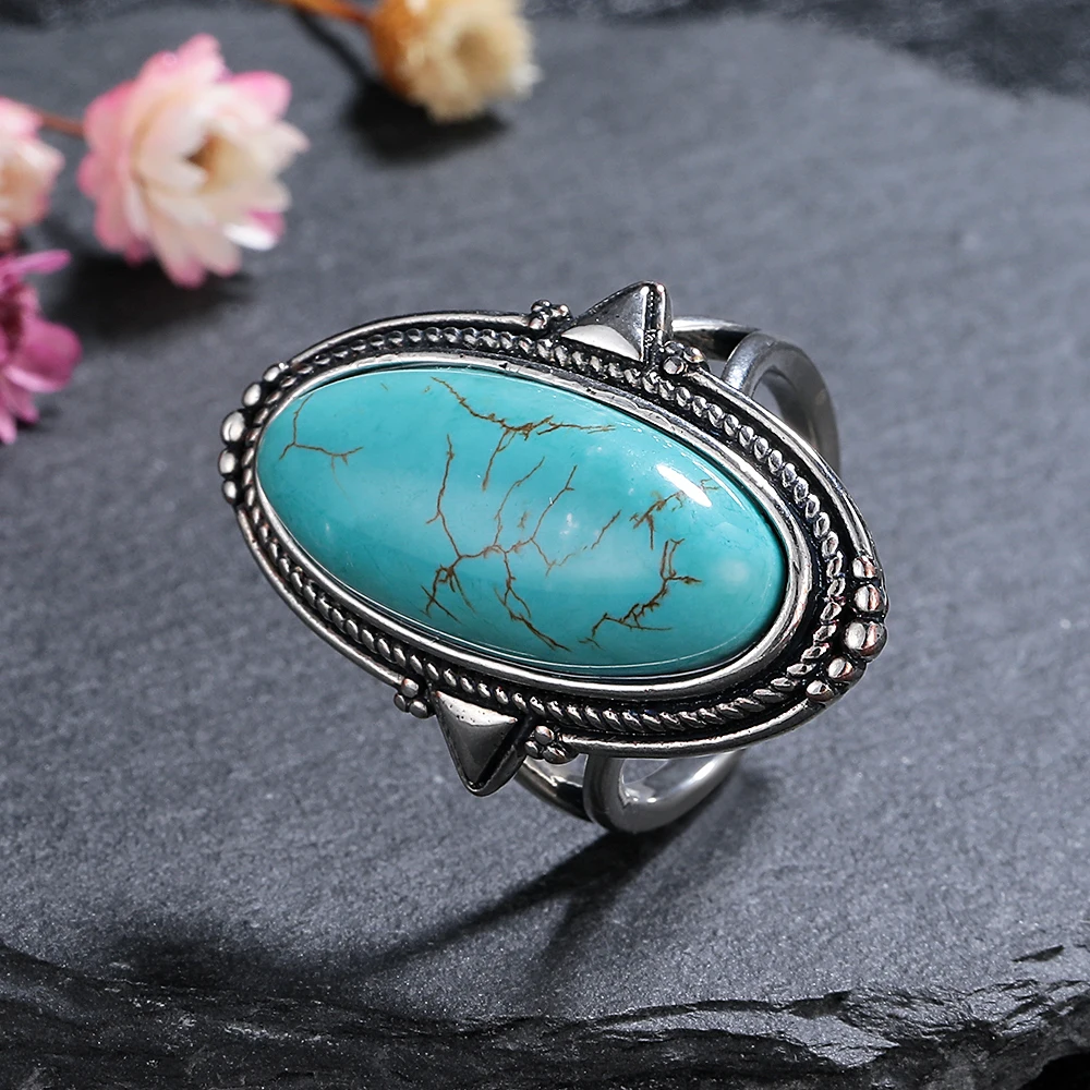 Ringe für Frauen, Silber, edler Schmuck, Vintage, 11 x 25, großer blauer Aventurin, Türkis, aushöhlen, eleganter Fingerring, Geschenk
