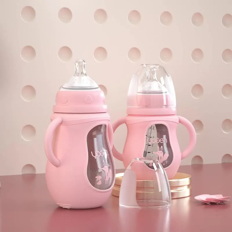 Weithals-Babyflasche aus Glas mit Silikonhülle und Anti-Kolik-Strohhalm-Nippel – BPA-freies Stillset für Neugeborene zum Entwöhnern des Übergangs Image