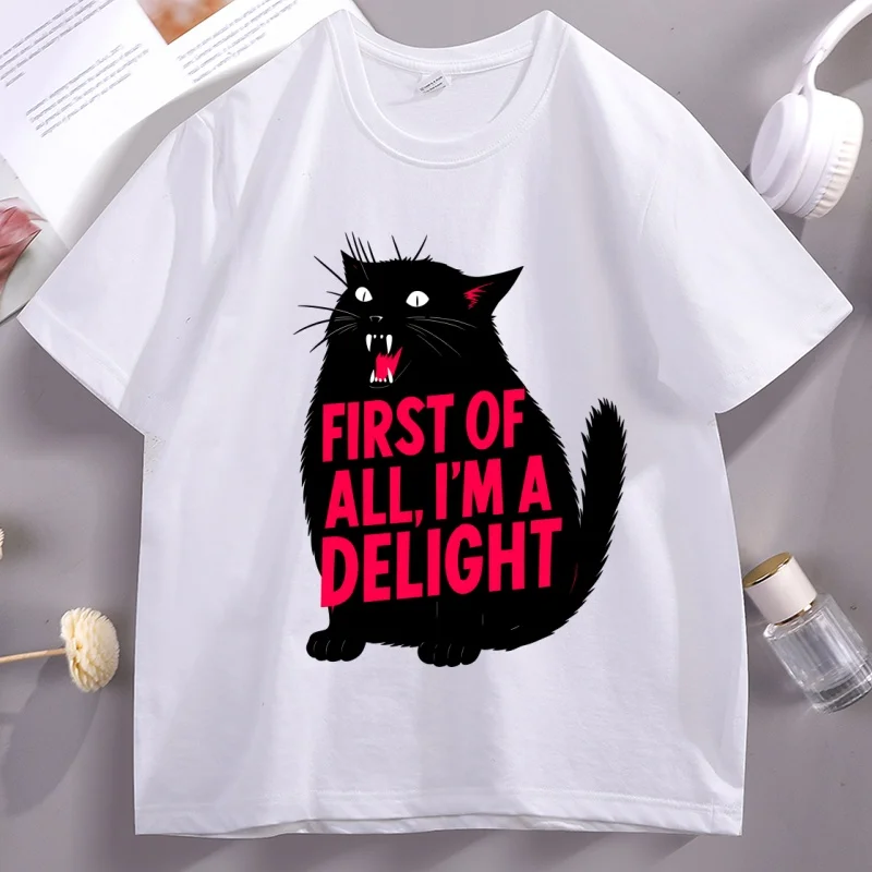 First of All I'm A Delight T-Shirt, lustiges Katzen-T-Shirt, Baumwolle, kurzärmelig, Rundhals-T-Shirt, Tier-Catlover-T-Shirt, Humor-Grafik-T-Shirt