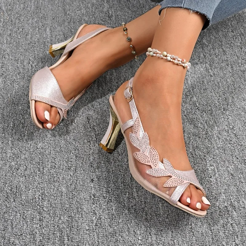 Frauen Strass Mesh High Heel Sandalen Sommer Neue Mode Peep Toe Schnalle Slingback Schuhe Alias Mujer Größe 35-42