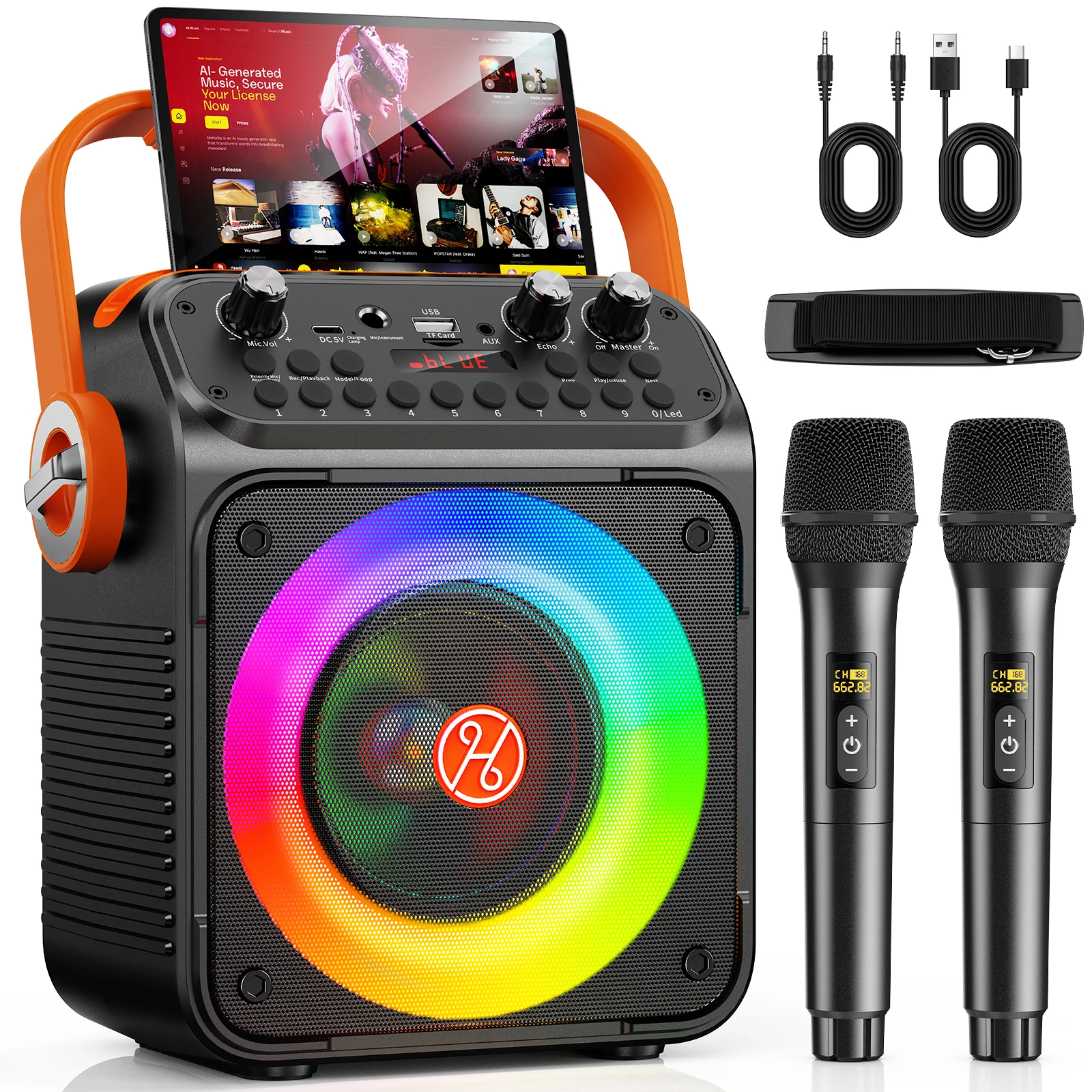 Karaoke-Maschine, Tragbarer Bluetooth-Karaoke-Lautsprecher mit 2 Kabellosen Mikrofonen für Erwachsene, LED-Lichter, Unterstützt USB/TF/REC/FM/AUX Image