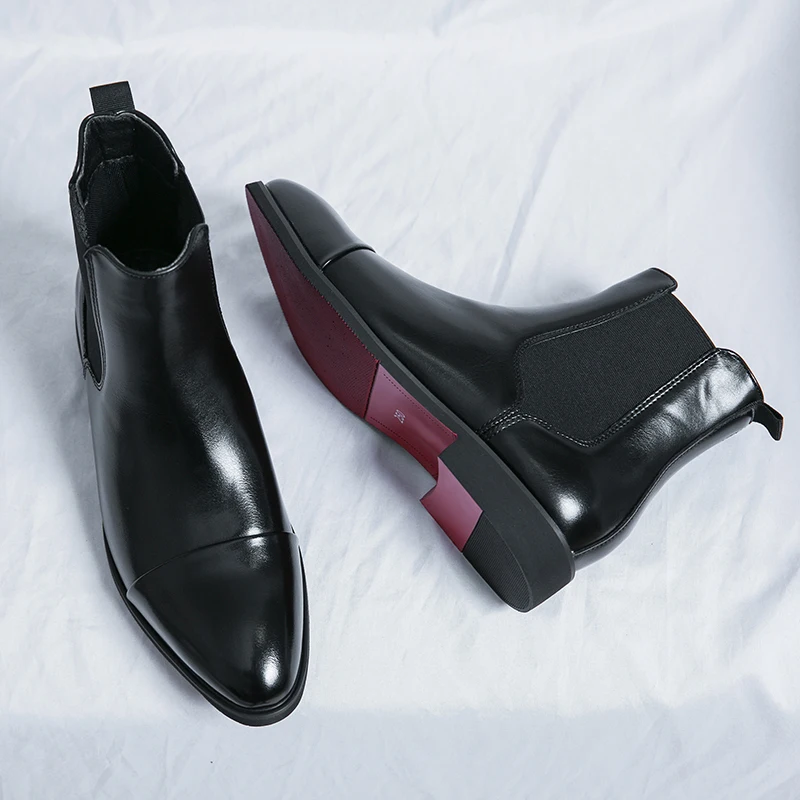 Chelsea-Stiefel für Herren, rote Sohle, Pu-Knöchel, Business, runde Zehen, Slip-On-Herrenstiefel, kostenloser Versand, Größe 38–46, Herrenschuhe