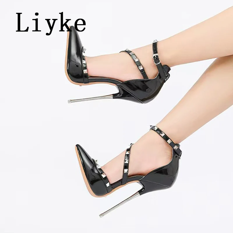 Liyke Mode-Design Niet Ankle Strap Frauen Pumpen Sexy Spitz Metall Super High Heels Party Club Stripper Schuhe Große Größe 46