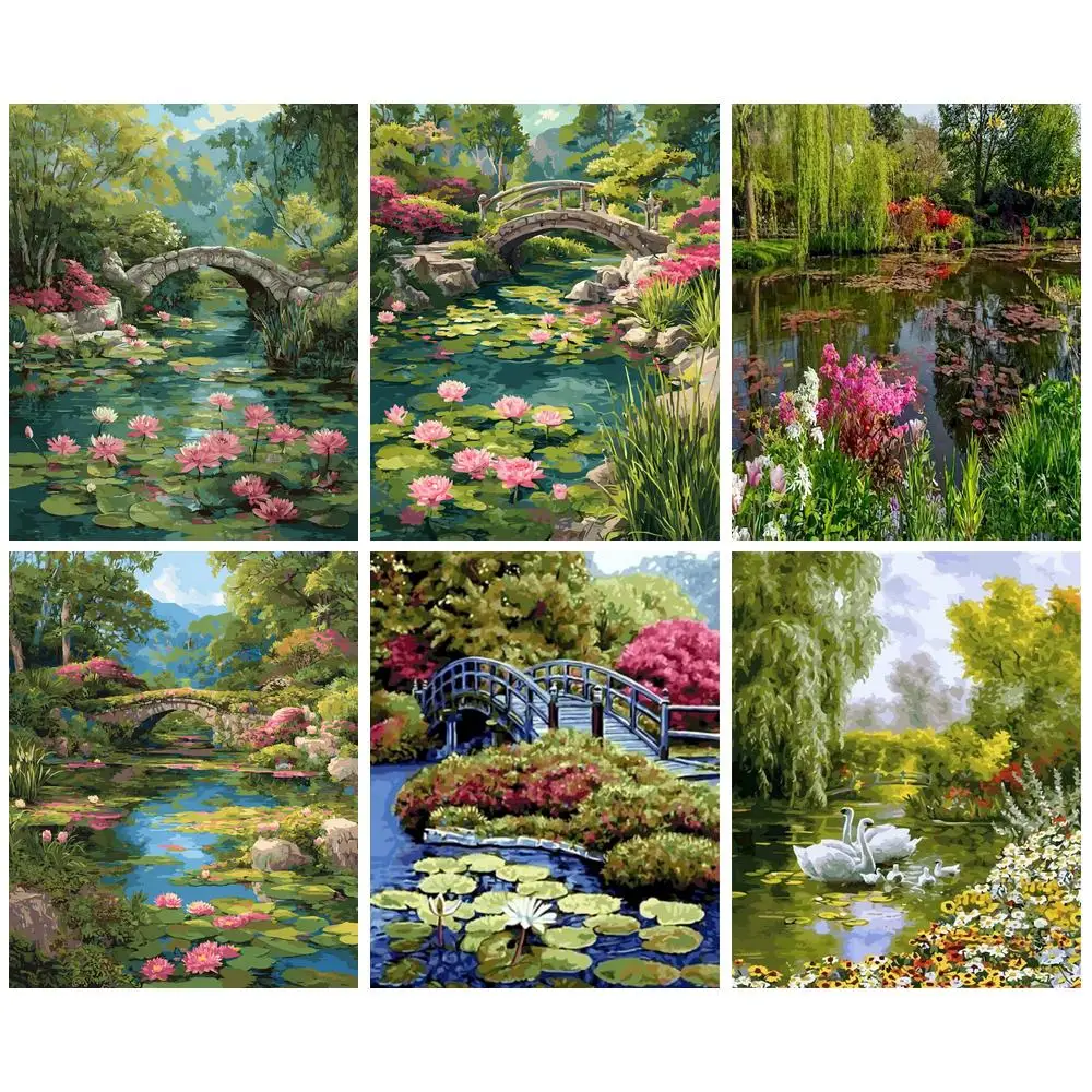 GATYZTORY Malen nach Zahlen, Landschaftszeichnung auf Leinwand, handgemaltes Kunstgeschenk, DIY-Bilder nach Zahlen, Lotusteich-Sets, Heimdekoration Image