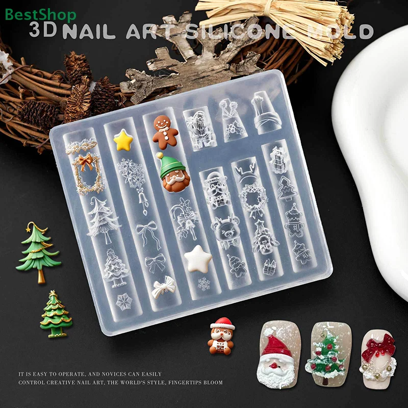   3D Silikon Nagelform Weihnachten Schneemann/Baum/Schneeflocken DIY Design Nageldekor Transparente Maniküre Vorlage Image