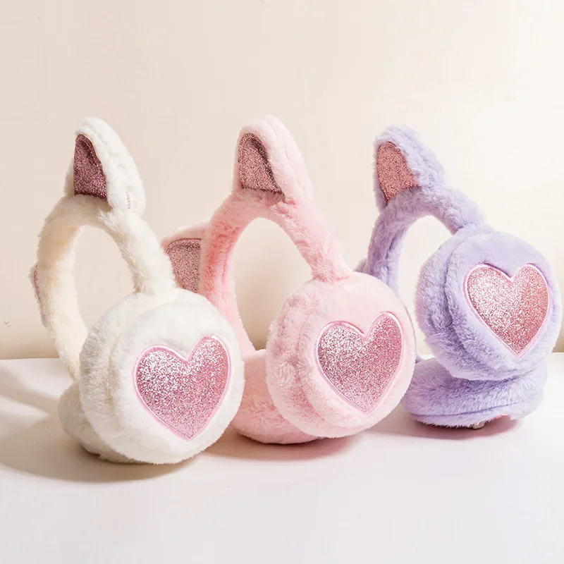 Winter Warme Plüsch Ohrenschützer für Frauen Mädchen Kinder Reiten Ski Gehörschutz Cartoon Katze Ohr Abdeckung Glitter Earflap Pelz Weiche Image