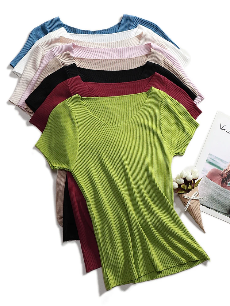 Pullover gestrickt Kurzarm gestrickte Pullover Frauen Frühling Sommer Dünne Grundlegende Feste Beiläufige Basis Weibliche stricken shirts 2024 Korea Image