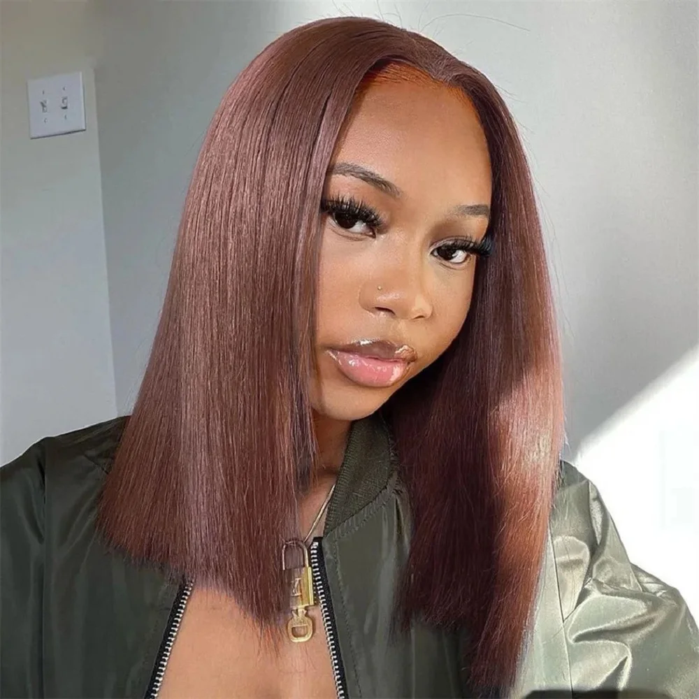 8-14 Zoll 200 Density Straight Short Bob Echthaarperücken für Frauen 13x4 HD Schokoladenbraune Lace-Front-Perücken # 4-farbiges Remy-Haar Image