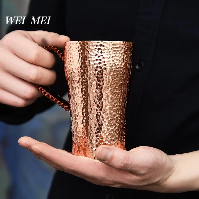 Handgefertigte Kaffeetasse aus reinem Kupfer, 400 ml Frühstückstasse, tragbare glatte Oberfläche, gewebter Griff, Heimtrinkbecher, Geschirr Image