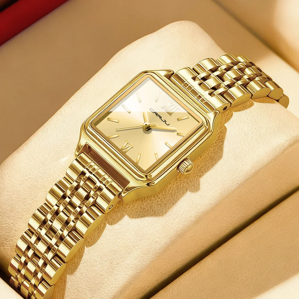 CRRJU Damen-Armbanduhr in Goldoptik, rechteckiges Gehäuse im Retro-Stil und Edelstahlarmband, Geschenk für Sie Image