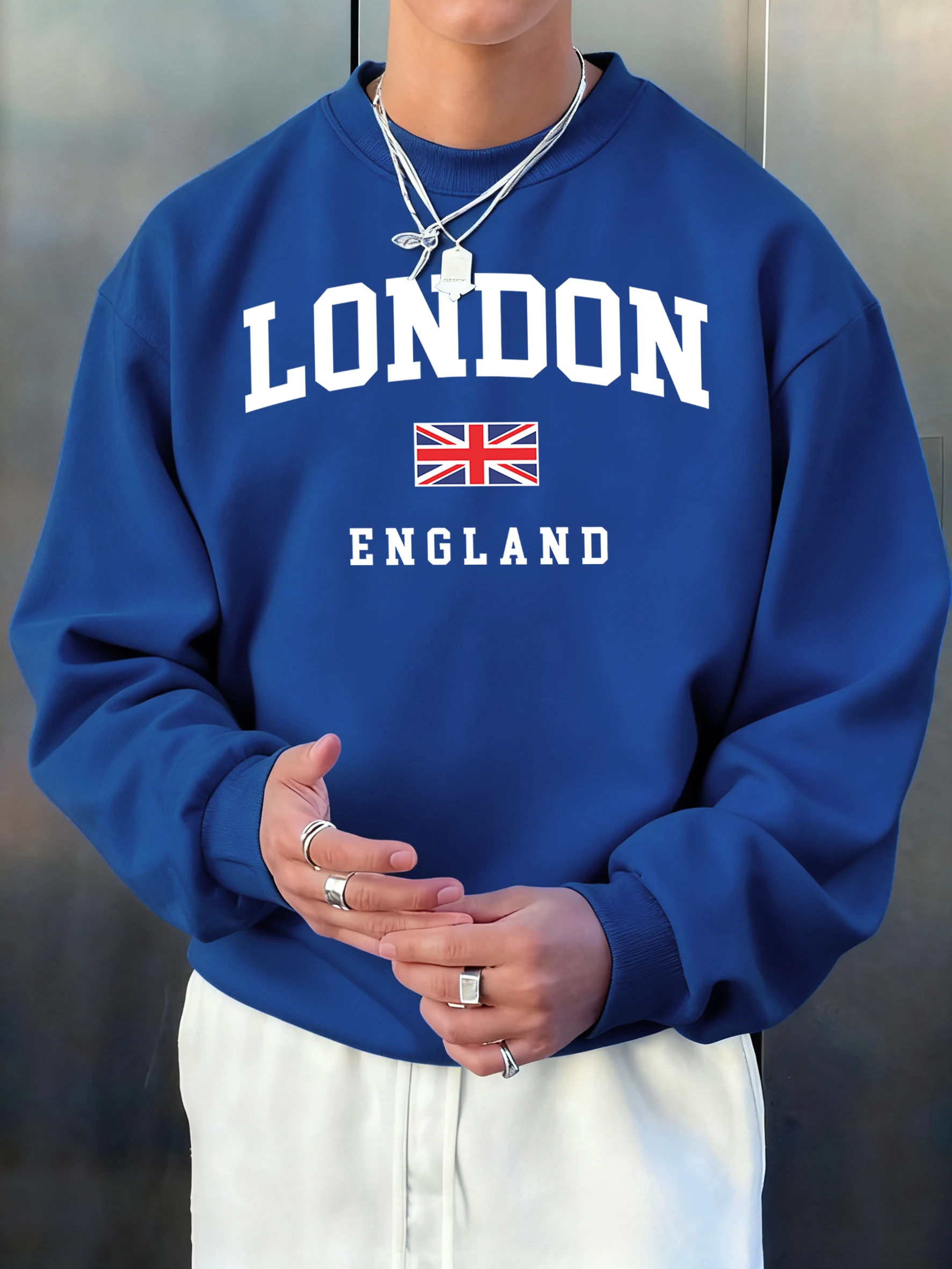 London England Letter Flag Bedrucktes Sweatshirt für Herren, lässige Fleece-Pullover, Hip-Hop, O-Ausschnitt, lange Ärmel, lockere Frühlingskleidung