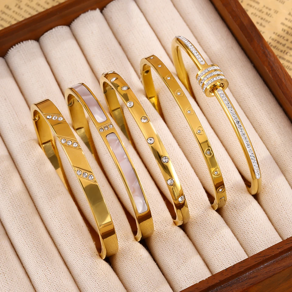 Yupsk 5-teiliges kreatives Edelstahlarmband mit funkelndem Kristallzirkon, wasserdicht, trendiger Stapelschmuck, Geschenk für Frauen Image