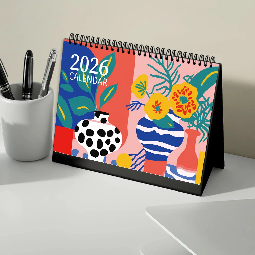 1 Stück Kalender 2026, Retro-Blumenillustration, abstrakter Kunststil, stehender Desktop-Organizer, perfektes Geschenk für Geburtstage, Weihnachten Image