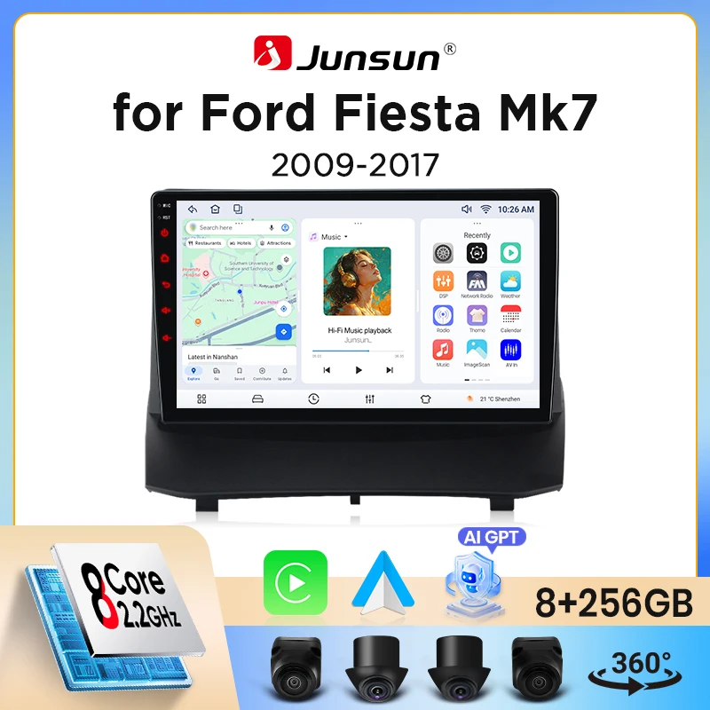 Junsun Wireless CarPlay Android Auto Autoradio für Ford Fiesta Mk7 (JA8/JR8) 2008-2017 mit eingebautem Lüfter, Android GPS-Navigation, Multimedia-Player, WiFi, DSP, RDS, BT, SWC, IPS-Touchscreen, Image