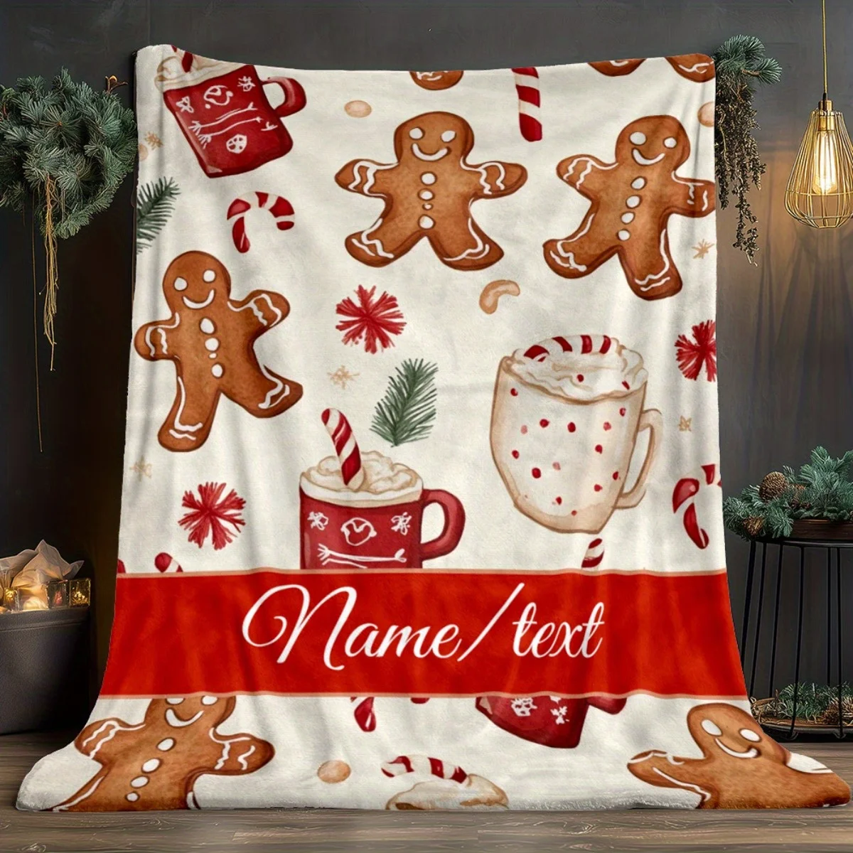 Decke mit individuellem Namen, Weihnachts-Lebkuchen-Aufdruck, leicht, Flanell-Überwurf, weich, warm, für Sofas, Betten, Reisen, Camping, Wohnzimmer Image
