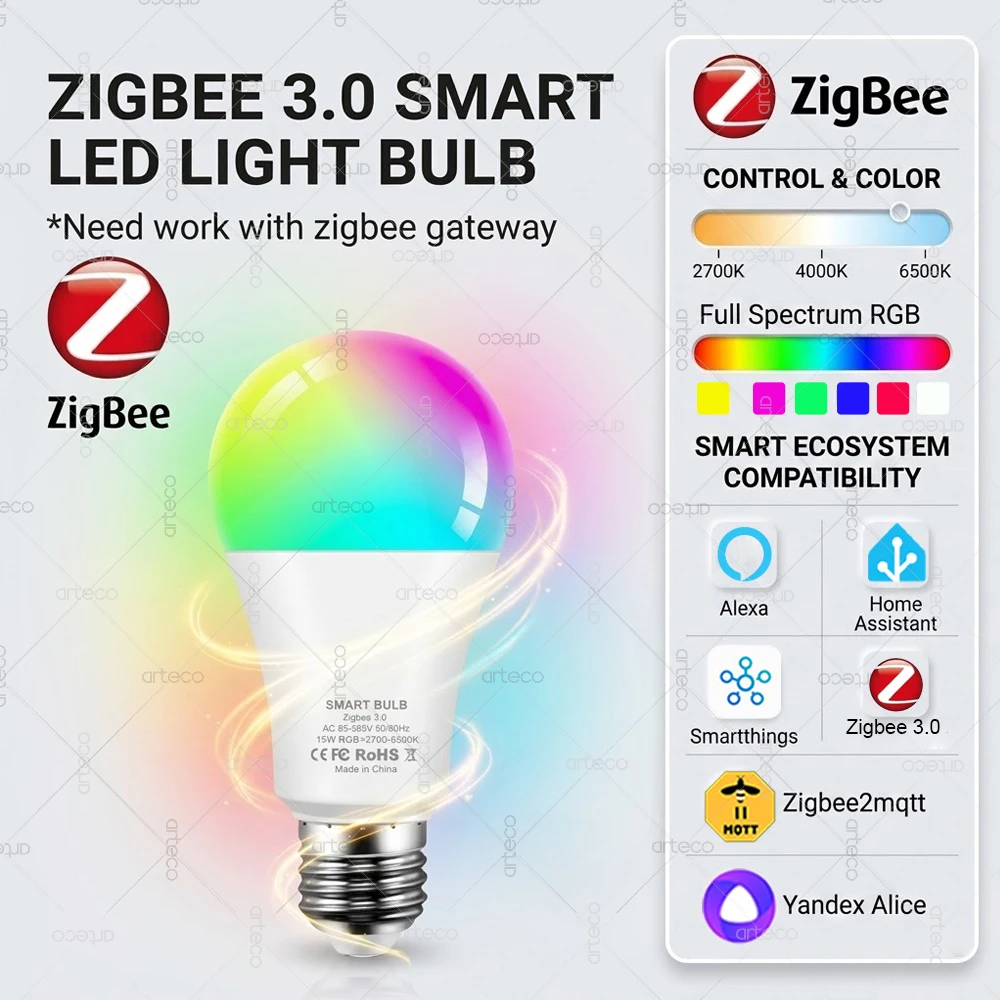 Zigbee 3.0 Smart LED-Glühbirne E27 RGBCW Dimmbare Lampe 2700-6500K Kompatibel mit Alexa Echo Zigbee2MQTT Home Assistant Gateway erforderlich Image