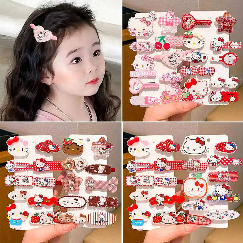 10-teiliges Sanrio Hello Kitty Haarspangen-Set, niedlicher Cartoon, süße Mädchen-Kopfschmuck-Set, Stirn-Haarspange, Kawaii, Kinder, Schmuck, Geschenke