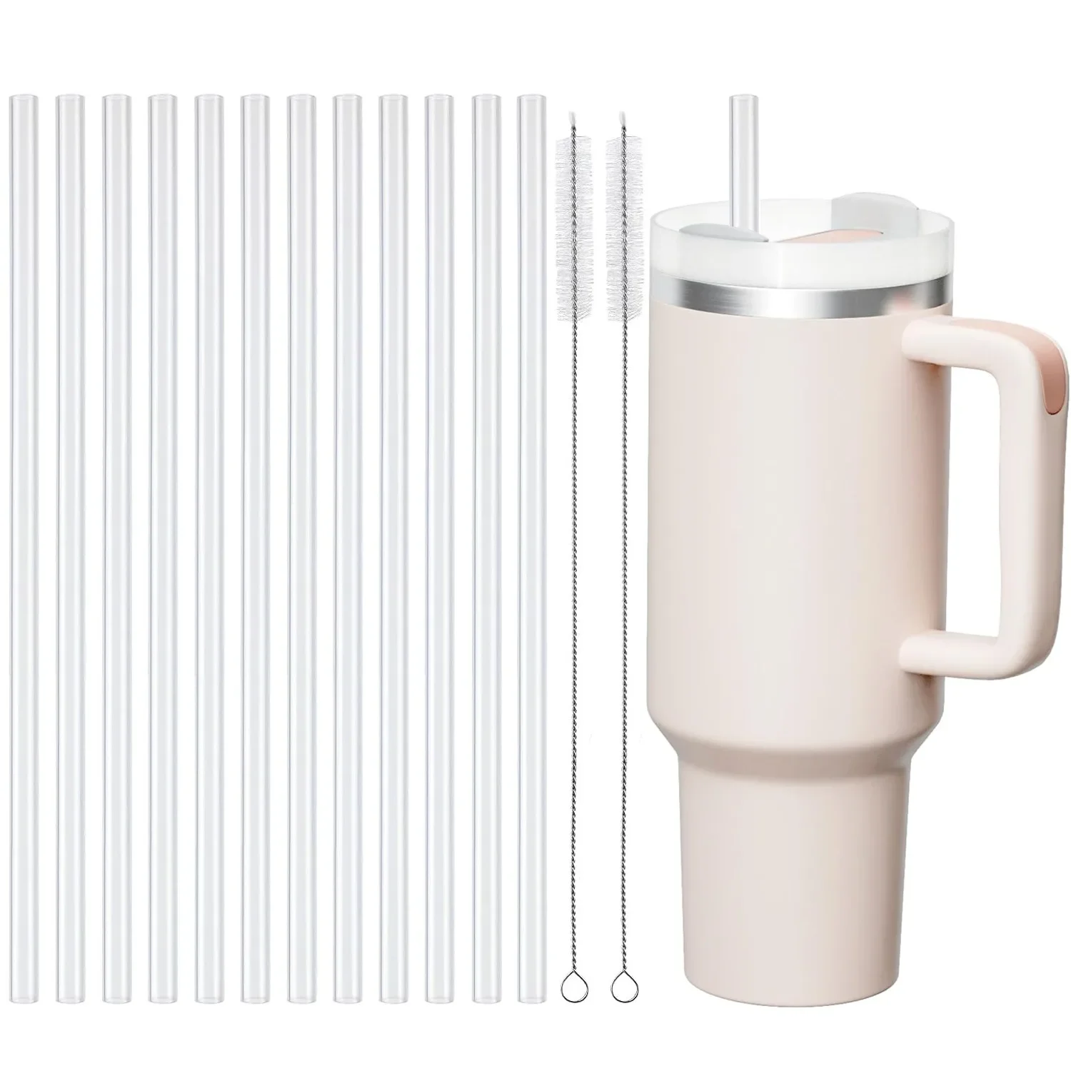 Ersatzstrohhalme für Stanley 40 oz Tassenbecher, 12er-Pack transparente wiederverwendbare Kunststoffstrohhalme, 2 Strohbürsten, für Stanley Cup Image