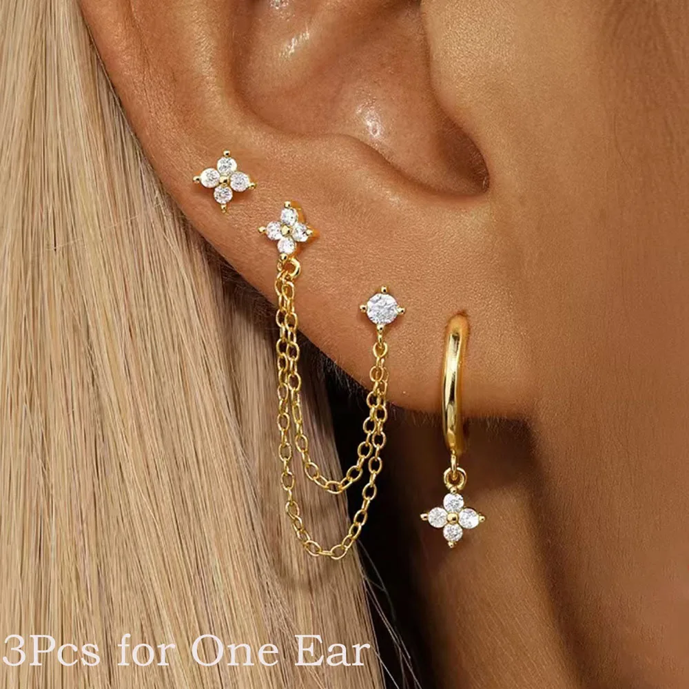 3PCS Mode Vier Zirkon Blume Baumeln Hoop Stud Ohrring Set Für Frauen Edelstahl Doppel Stud Kette Huggie Piercing schmuck Image