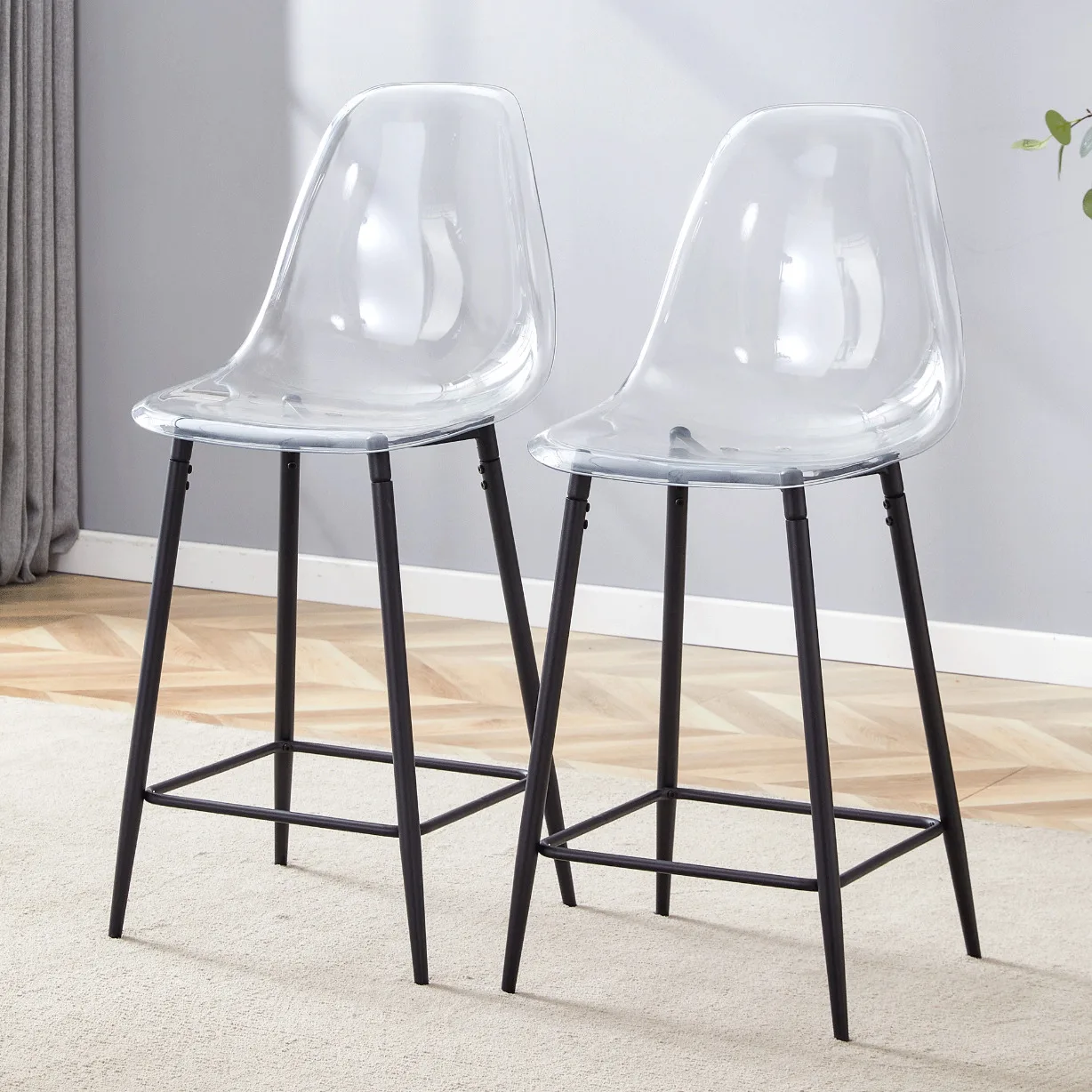 Set aus 2 transparenten Acryl-Barhockern, Metallgestell in Silber/Gold/Schwarz, modernes Design für Küche, Bar oder Esszimmer Image
