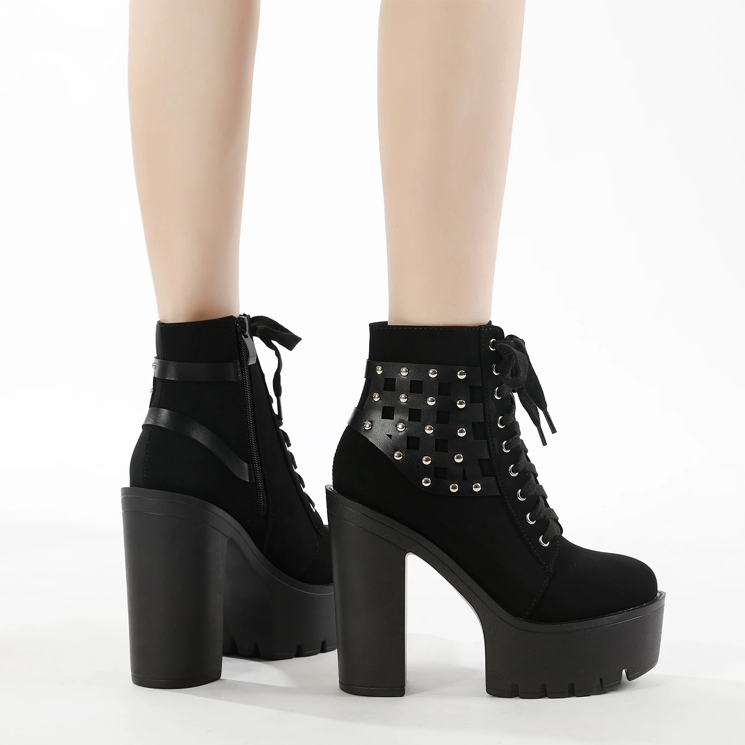Gdgydh Damen-Stiefeletten, Plateau-Stiefel mit Schnürung, Punk-Stiefel mit Absatz, sexy, modische, schwarze kurze Stiefel mit Nieten für Damen, Reißverschluss