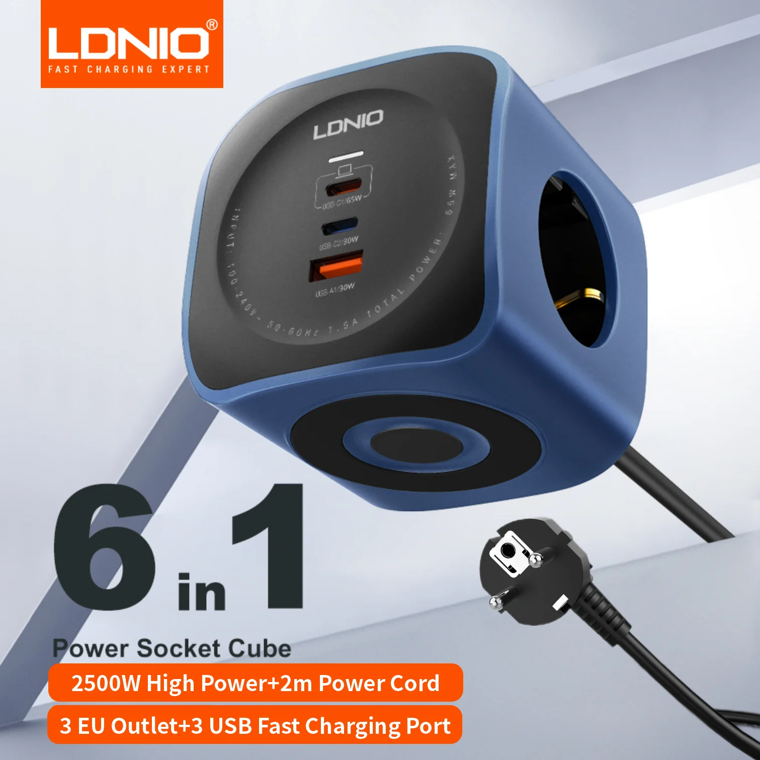 LDNIO Europäische Steckdosenleiste, Würfel-Steckdose, 65 W, Schnellladestation, USB-C, USB-A, 3 Steckdosen, 2 m, EU-Stecker-Netzkabel Image