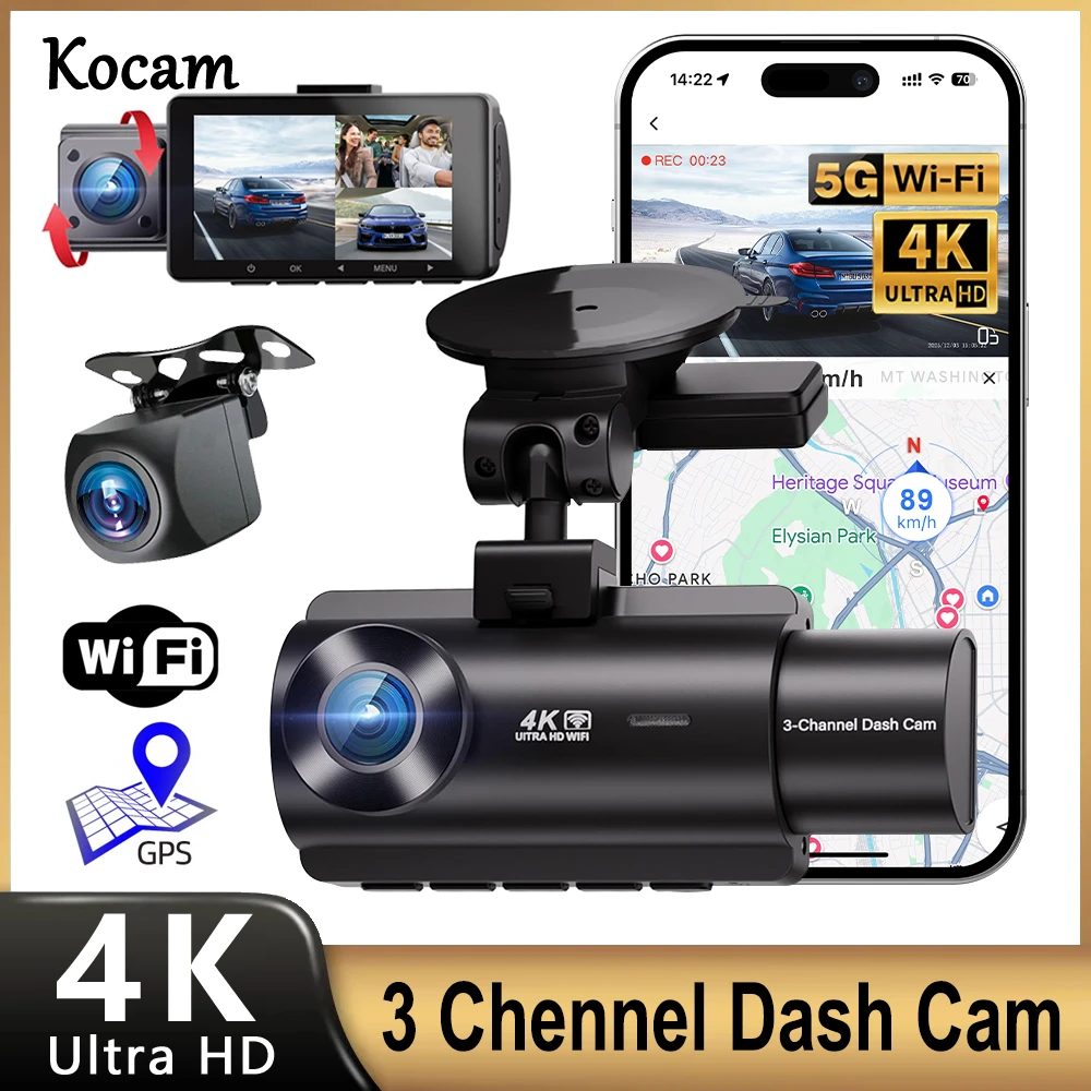 Caméra embarquée Kocam 3 caméras WIFI GPS 4K, enregistreur vidéo de voiture, DVR intérieur, trois canaux, enregistreur vidéo, caméra embarquée