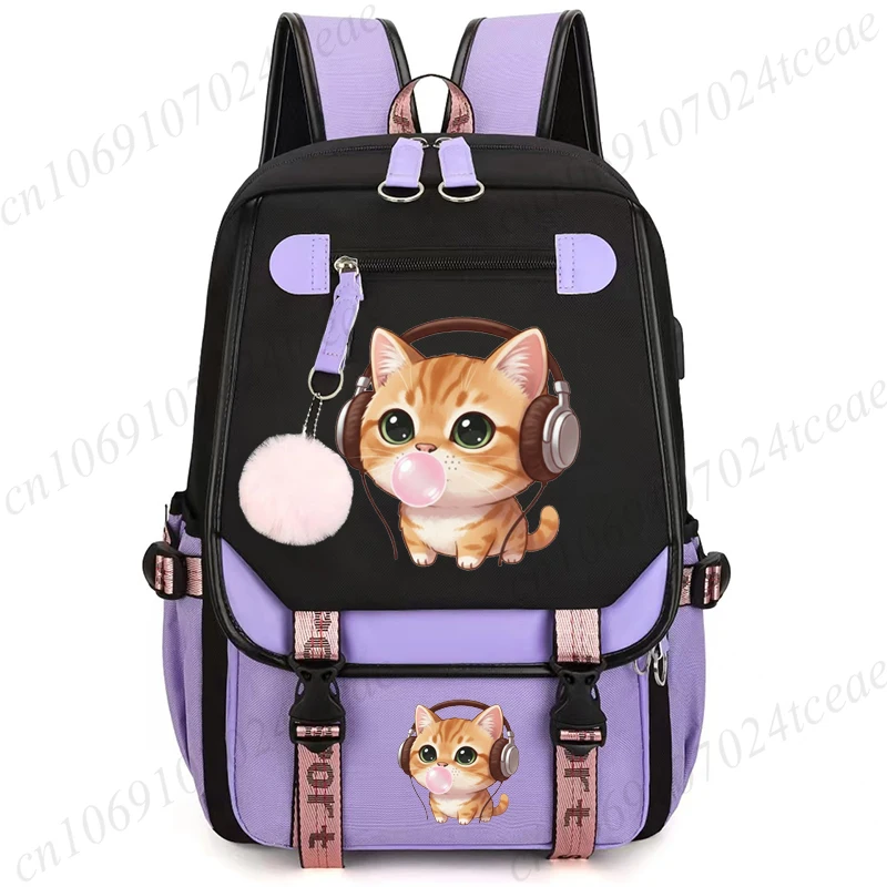 Sac à dos d'école pour étudiants, sac à dos mignon avec motif de chat écoutant de la musique avec des écouteurs, sac à dos d'école à l'effigie d'un chat écoutant de la musique avec des écouteurs, sac