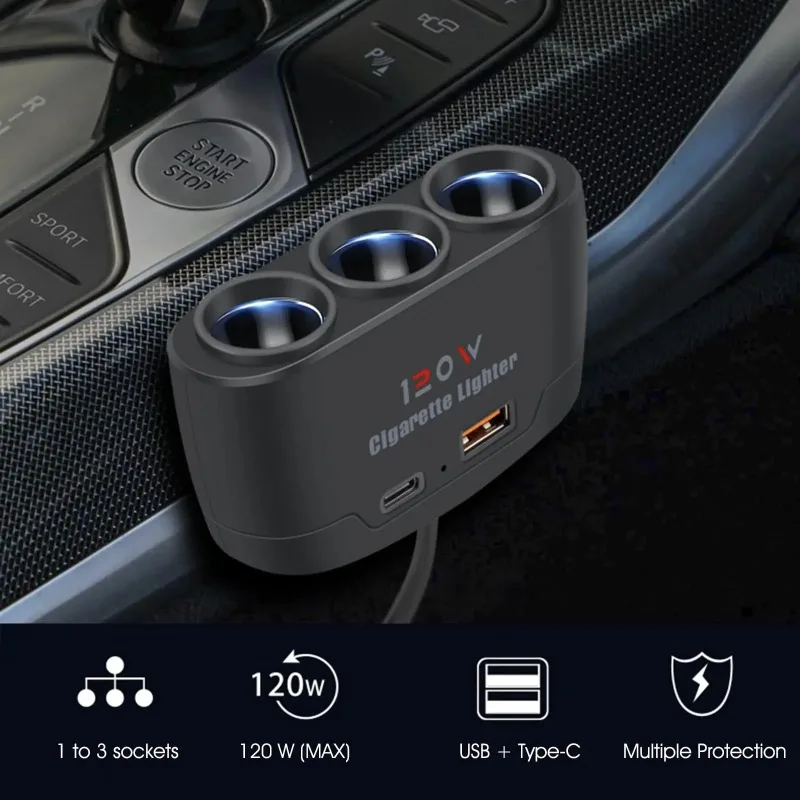 3-in-1-Auto-Zigarettenanzünder-Splitter, 120 W, Schnellladegerät, USB-Typ-C-Adapter, Splitter für Telefon, DVR, GPS, Dashcam, 12 V, 24 V Image