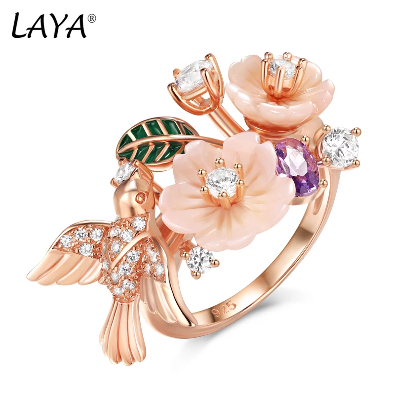 Laya 925 Sterling Silber Sommer Heißer Stil Luxus Schmuck Hohe Qualität Zirkon Natürliche Shell Blume Blatt Emaille Ring Für Frauen Image