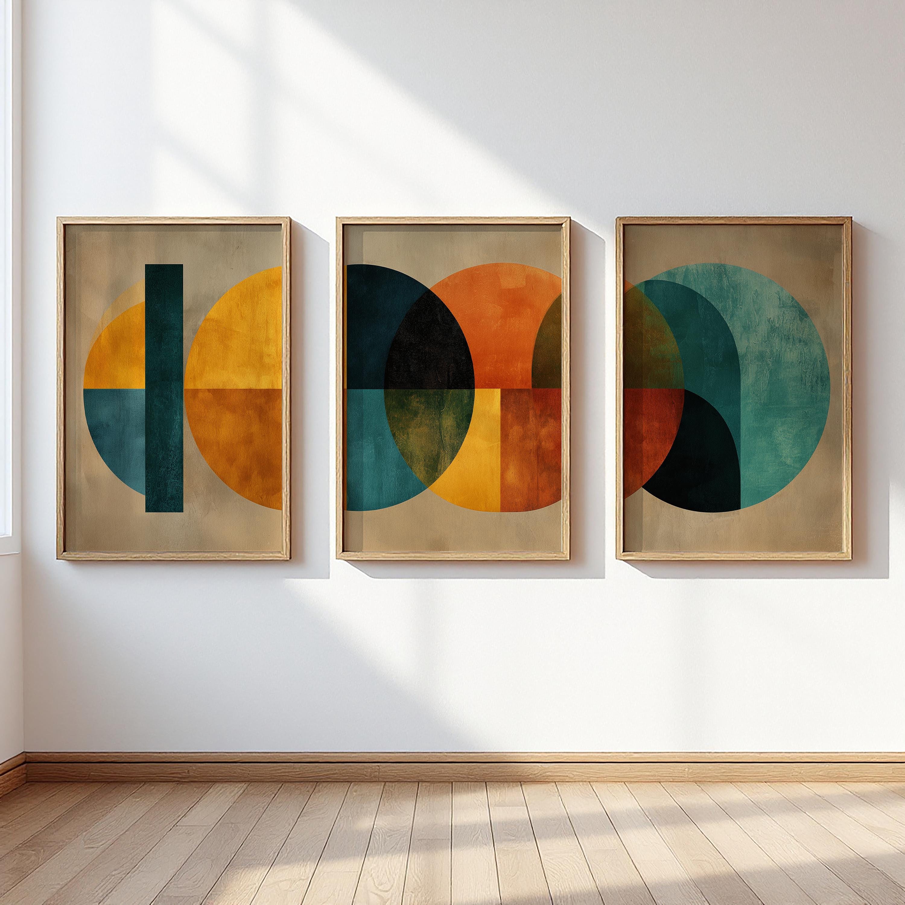 Set di 3 quadri astratti da parete in stile Mid-Century, cerchi geometrici color ocra turchese terracotta, set di poster Bauhaus, decorazioni retrò pe