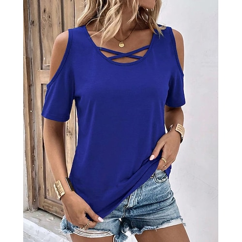 Damen T Shirt Sommeroberteile Vintage Mode Kurzarm Rundhalsausschnitt Normale Oberteile Lässig Täglich Sommer Blau Khaki Schwarz Weiß Rosa Sommer Frühling Image