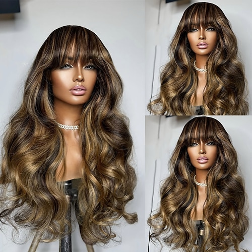 Echthaar 5x5 Verschluss 13x4 Spitzenfront Perücke Mit Pony Brasilianisches Haar Gewellt Mehrfarbig Perücke 150% 180% Haardichte mit Babyhaaren Hervorgehobenes / Balayage-Haar Natürlicher Haaransatz Image