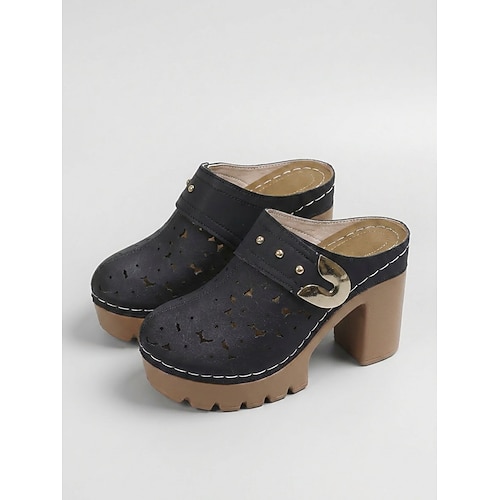 Perforierte Damen-Clogs mit Blockabsatz – Retro-Clogs mit Absatz und Nietenbesatz, offene Schuhe hinten für Freizeitaktivitäten und Sommerveranstaltungen Image