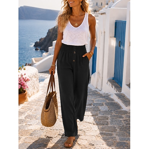 Damen Hose aus Baumwollleinen Weites Bein Chinos Sommerhose Urlaub Streetwear Basic Volle Länge Mittlere Taillenlinie Einfach Tasche Elastischer Bund Bequem Komfort Mikroelastisch Outdoor Urlaub Image