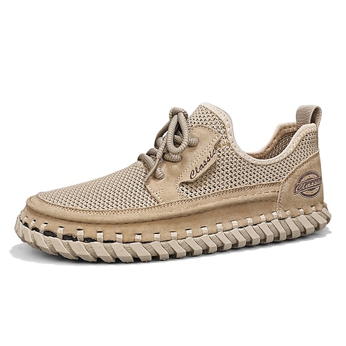 Beigefarbene Strick-Sneaker für Herren, leichte Schnürschuhe für bequemes Gehen, geeignet für Alltag, Reisen, Wochenendfreizeit und gehobene Freizeitoutfits. Image