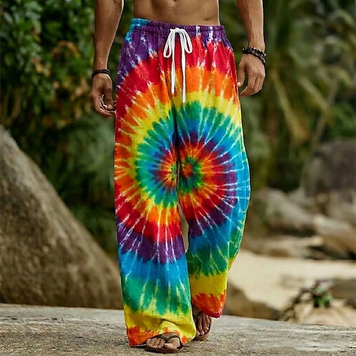 Herren Bunt Böhmische Hippie Hose Hosen Hose Baggy-Hosen Mittlere Taille Vintage-Retro Outdoor Urlaub Alltagskleidung Kordelzug Elastischer Bund Weites Bein Sommer Frühling 3D-Druck Blau Schwarz Rote Image