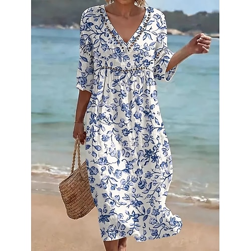 Damen Midikleid Shiftkleid Lässig Strand Lässiger Schnitt Blumen Grafik Dreiviertelarm V Ausschnitt Blau Weiß Rosa Sommer Frühling Image