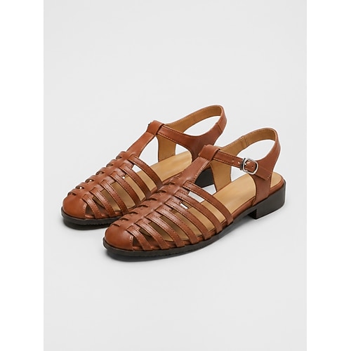 Braune Gladiator-Sandalen für Damen – flache Sandalen mit geschlossener Zehenpartie, geflochtenen Riemen und verstellbarem Knöchelverschluss und atmungsaktives Design, lässige Sandalen im römischen Image