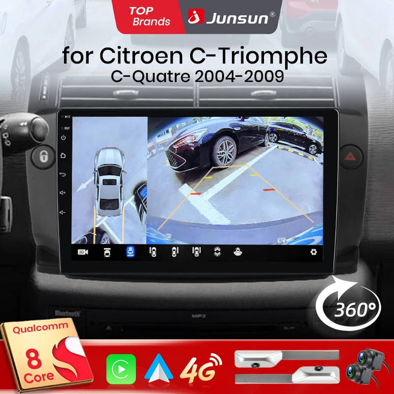 Junsun Qualcomm 8-Kern 360 ° Optionale Kamera, CarPlay, Android Auto Autoradio für Citroen C4 C-Triomphe C-Quatre 2004-2009, 2-DIN-Systeme, Stereo, GPS, SWC, Bluetooth, FM, RDS, DSP, IPS-Bildschirm, intelligente Fahrzeugsysteme, KI-Sprachsteuerung,... Image