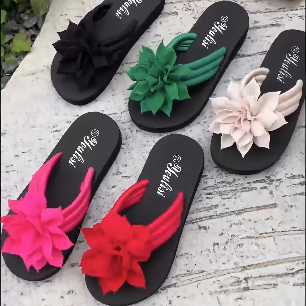 Damen Blumen-Flip-Flops Slip-On Urlaubsstil Mittelhohe Sandalen Stoffobermaterial EVA-Sohle Einlegesohle Einfarbig Sommer Casual Schuhwerk