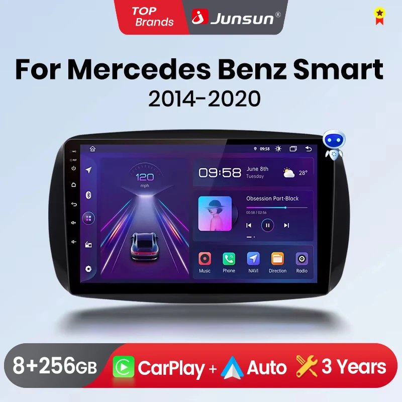 Junsun Wireless CarPlay Android Auto Autoradio für Mercedes Benz Smart 453 Fortwo 2014-2020 GPS Multimedia 2-DIN-Systeme Stereo mit integriertem Lüfter GPS SWC Bluetooth FM RDS DSP IPS-Bildschirm Auto-Intelligentes System Image