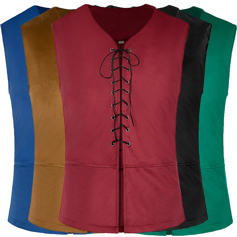 2025, neue blaue mittelalterliche Renaissance-Piratenweste aus Wildleder für Herren, Kaffee-Gothic-Steampunk-Schnürweste für Herren, Eur-Größe S-3XL