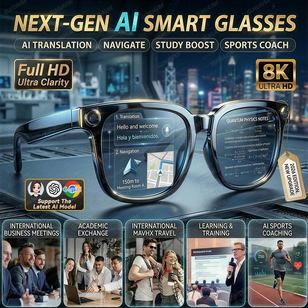 2026 Neue 800W HD Pixel Smart-Brille für Herren mit Anti-Shake-Kamera, KI-Sprachübersetzung, Videoaufnahme, ChatGPT, Musik und Anruffunktion Image