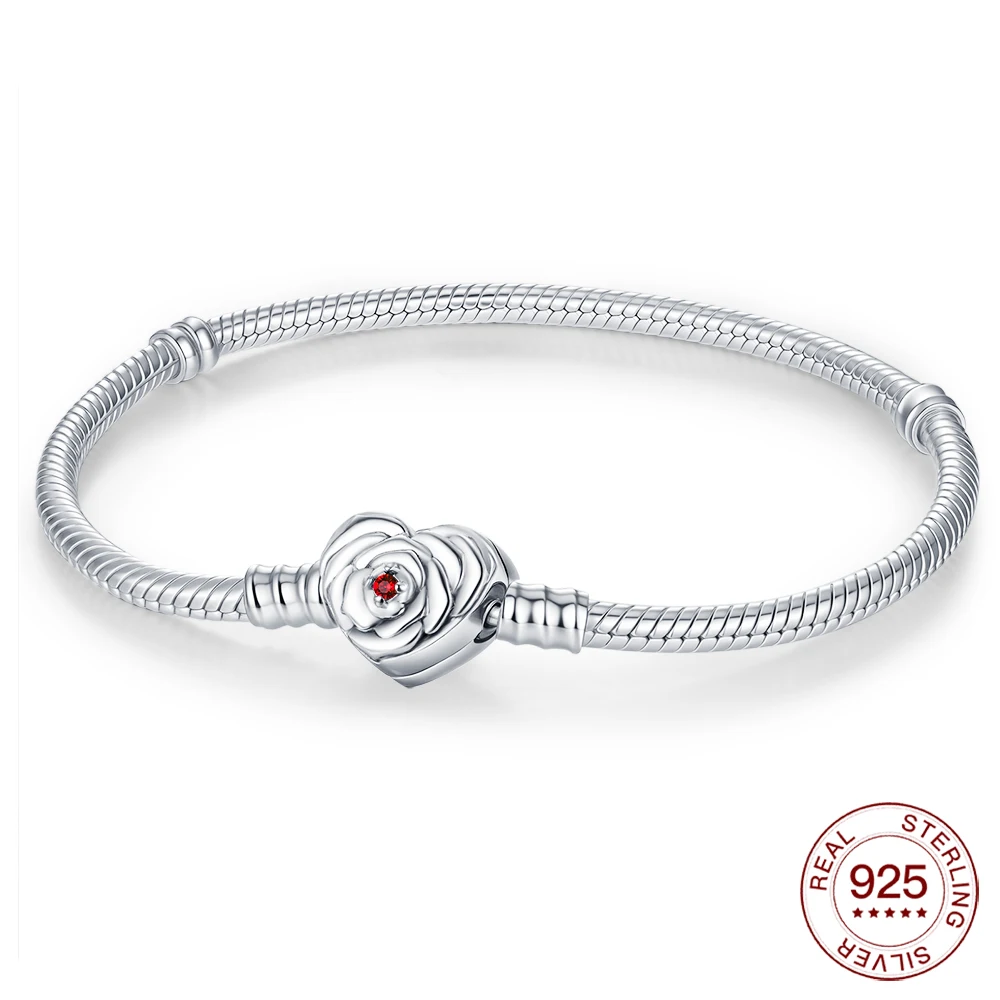 Neues Armband aus 925er Sterlingsilber mit herzförmiger Rosenschnalle für Damen, für Original-Charm-Perlen, Schmuck, Liebesgeschenke Image